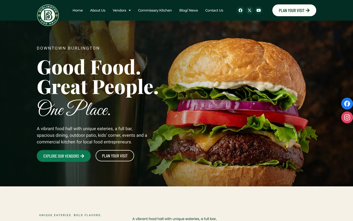Burlington Food Hall homepage hero on a 1440px desktop screen.