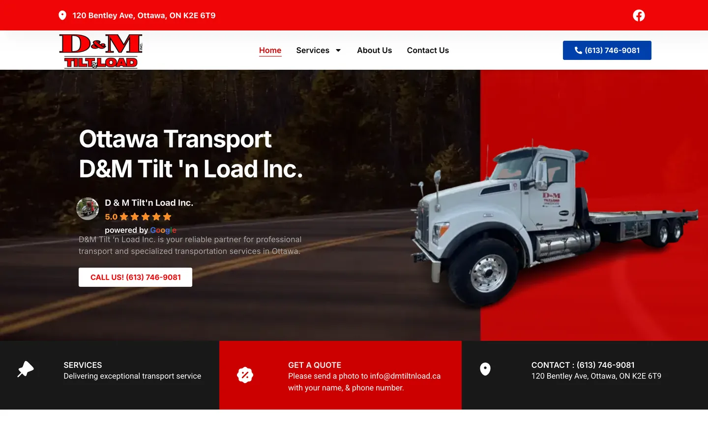 D&M Tilt ’n Load homepage hero on a 1440px desktop screen.