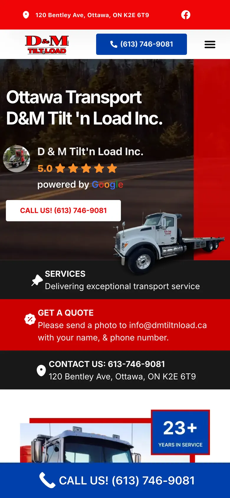 D&M Tilt ’n Load homepage on a mobile phone.
