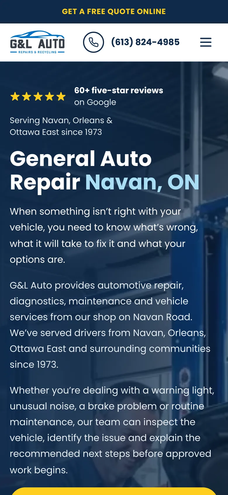 G&L Auto homepage on a mobile phone.