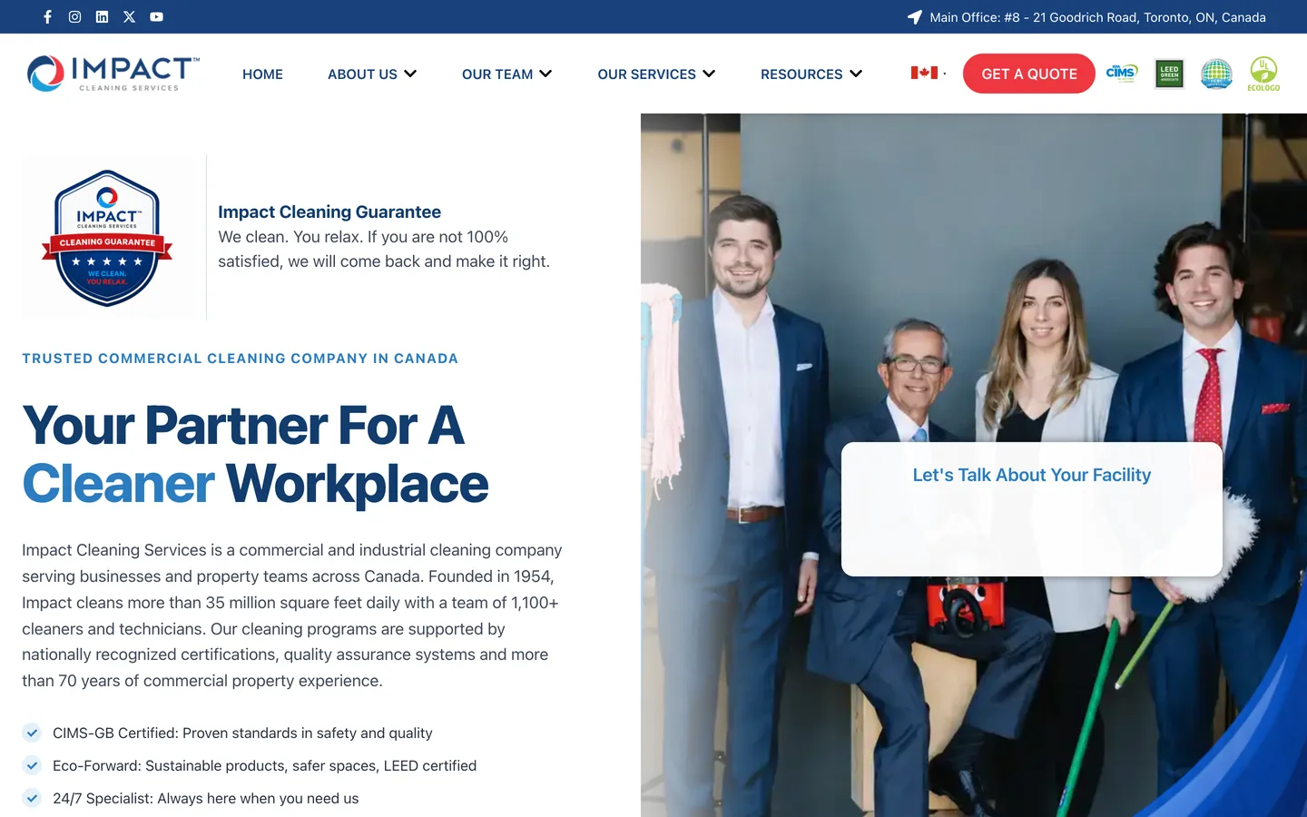 Impact Cleaning Services homepage hero on a 1440px desktop screen.
