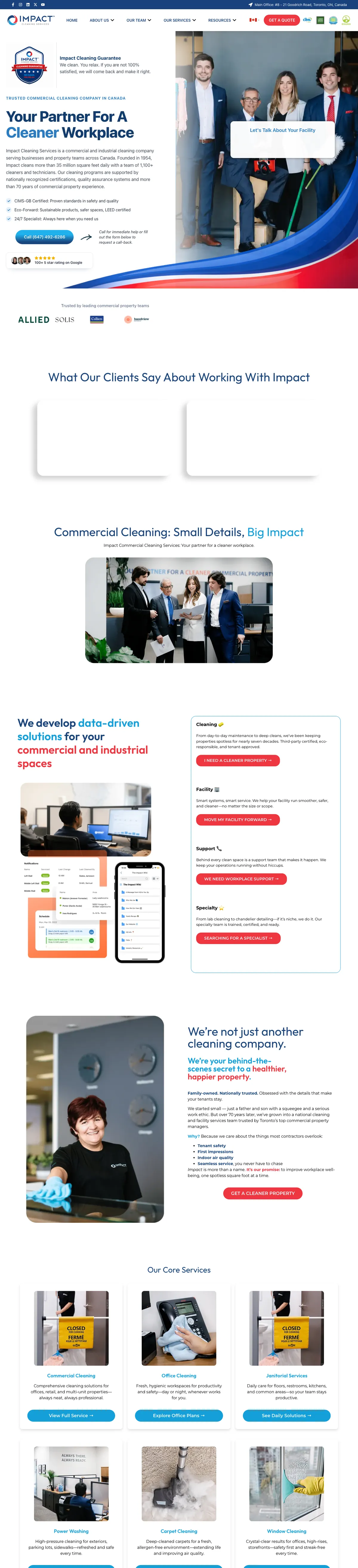 Full-length Impact Cleaning Services homepage on desktop.