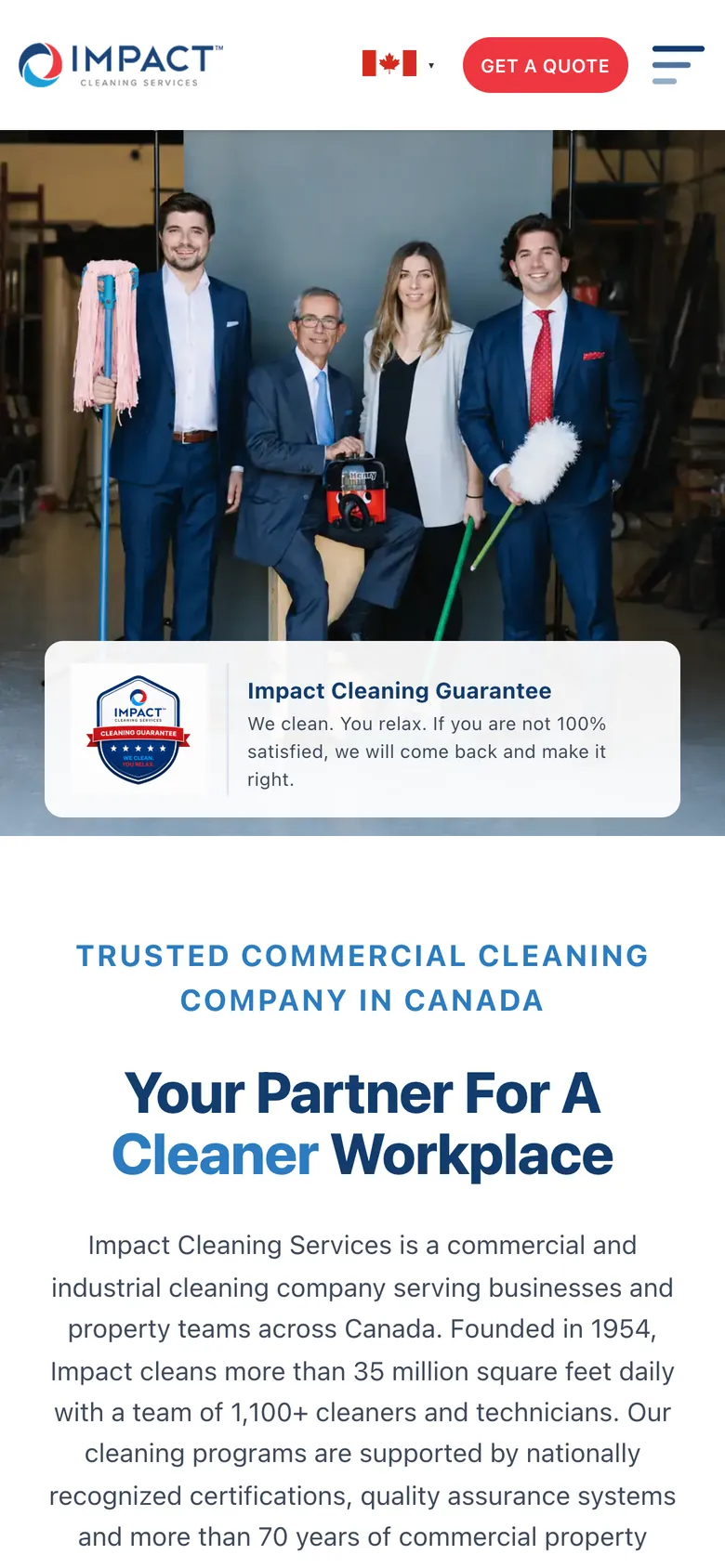 Impact Cleaning Services homepage on a mobile phone.
