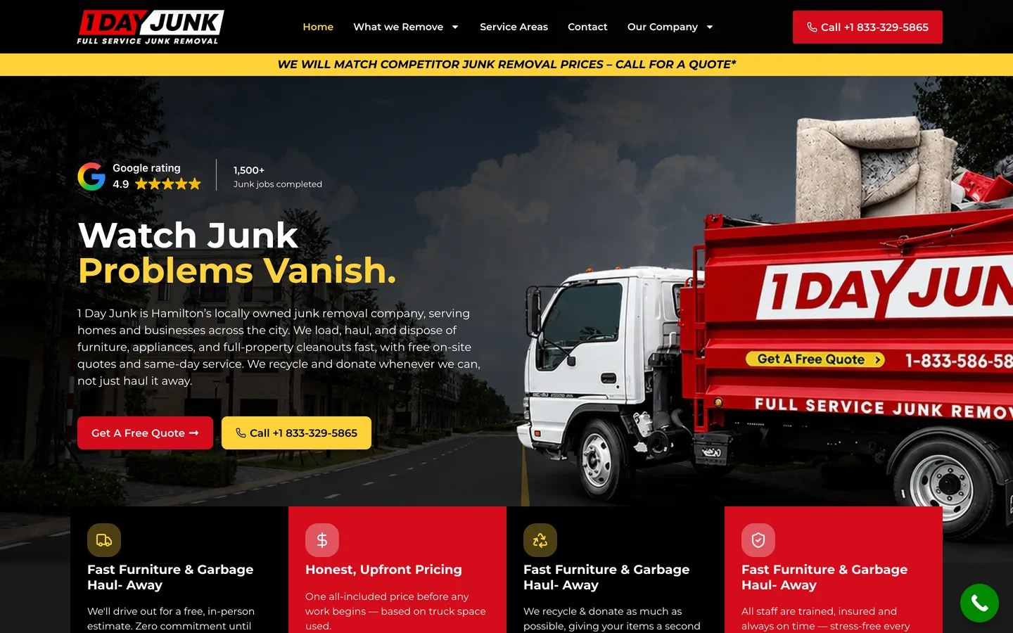 1 Day Junk homepage hero on a 1440px desktop screen.