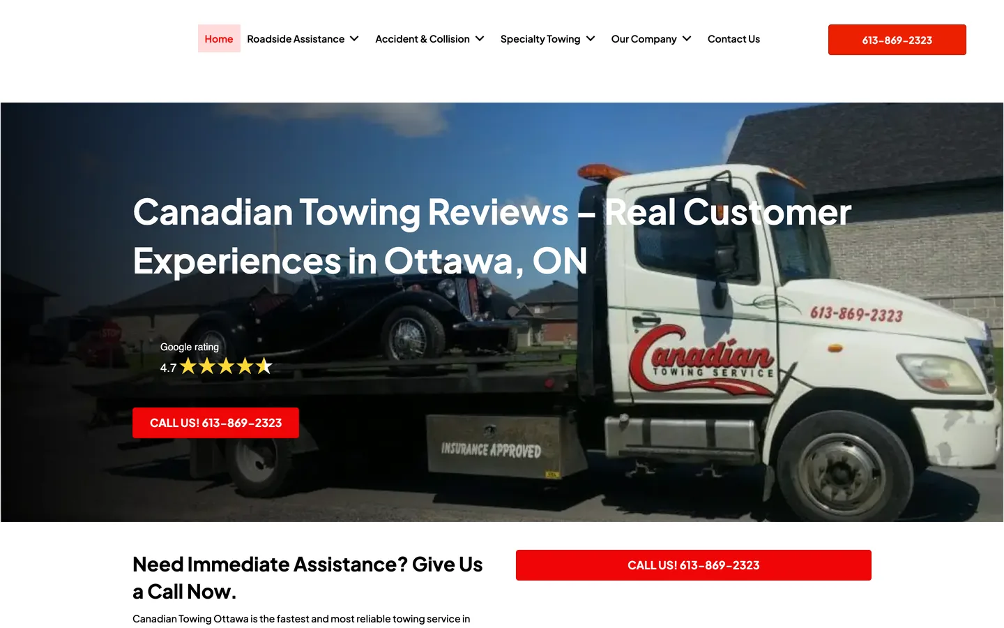 Canadian Towing Ottawa homepage hero on a 1440px desktop screen.