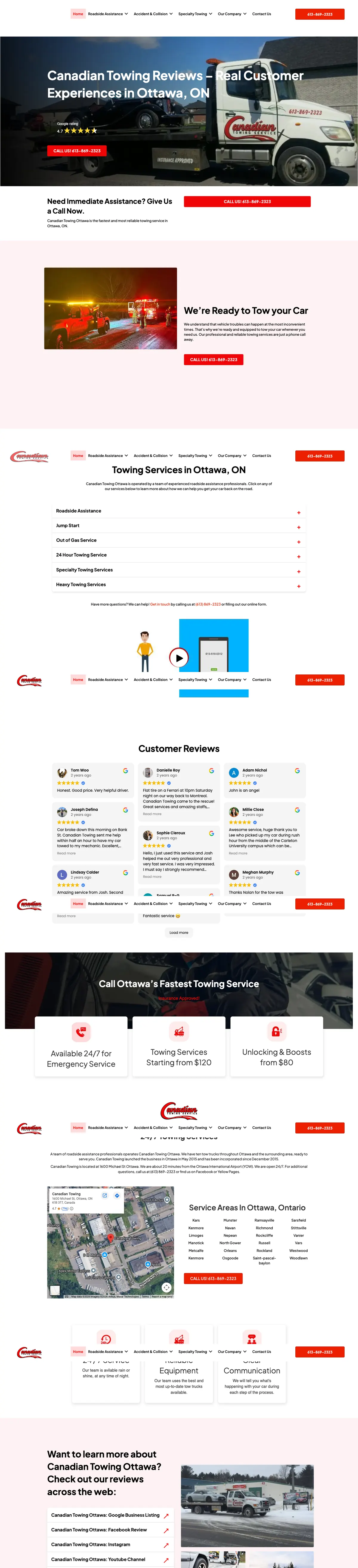 Full-length Canadian Towing Ottawa homepage on desktop.