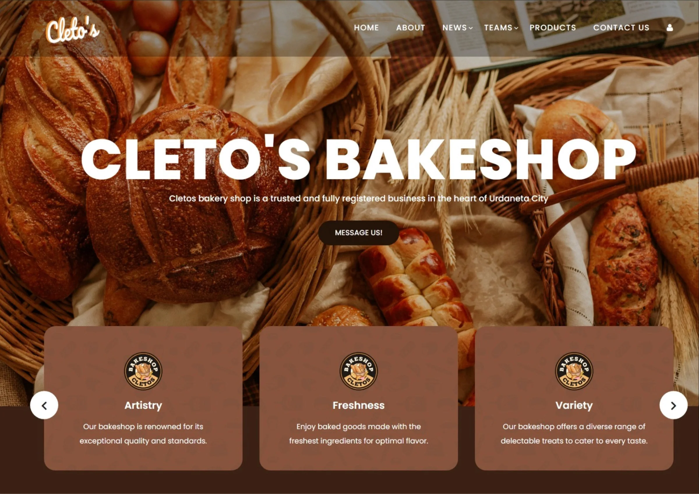 Cleto’s Bakeshop homepage with bread photography and three value cards.