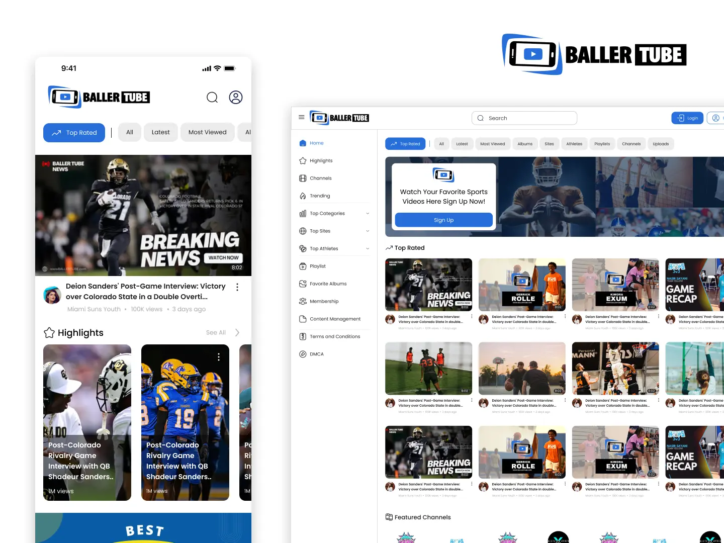 BallerTube desktop and mobile interface showing breaking news, highlights and video grids.