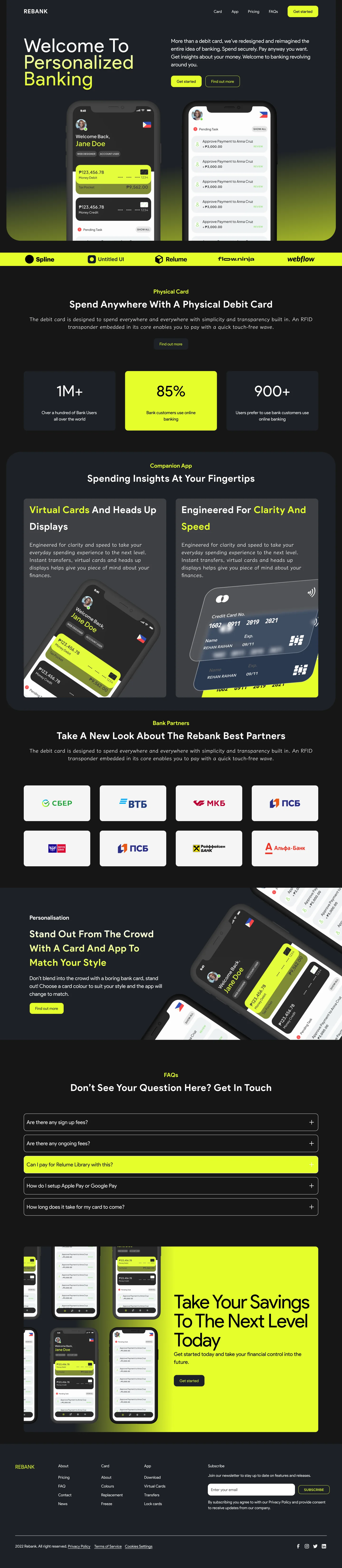 Full-length Rebank landing page in dark mode.
