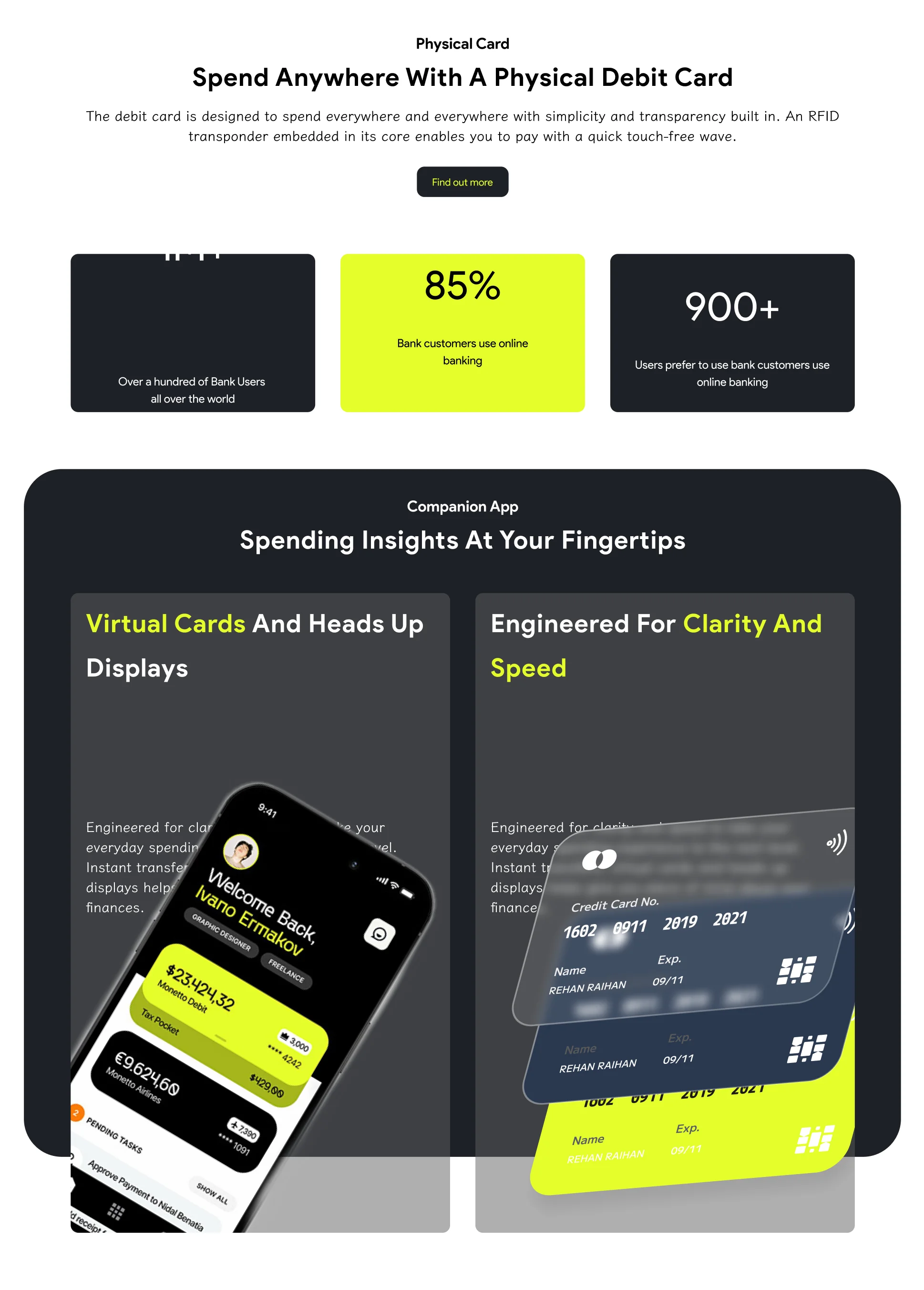 Rebank feature sections: physical debit card stats and companion app highlights.