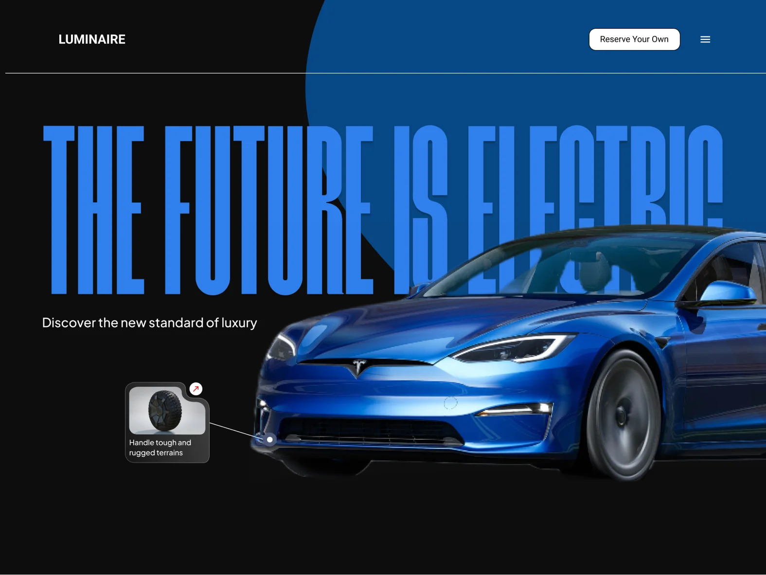 Luminaire landing page: “The future is electric” in tall blue type above a blue electric car.