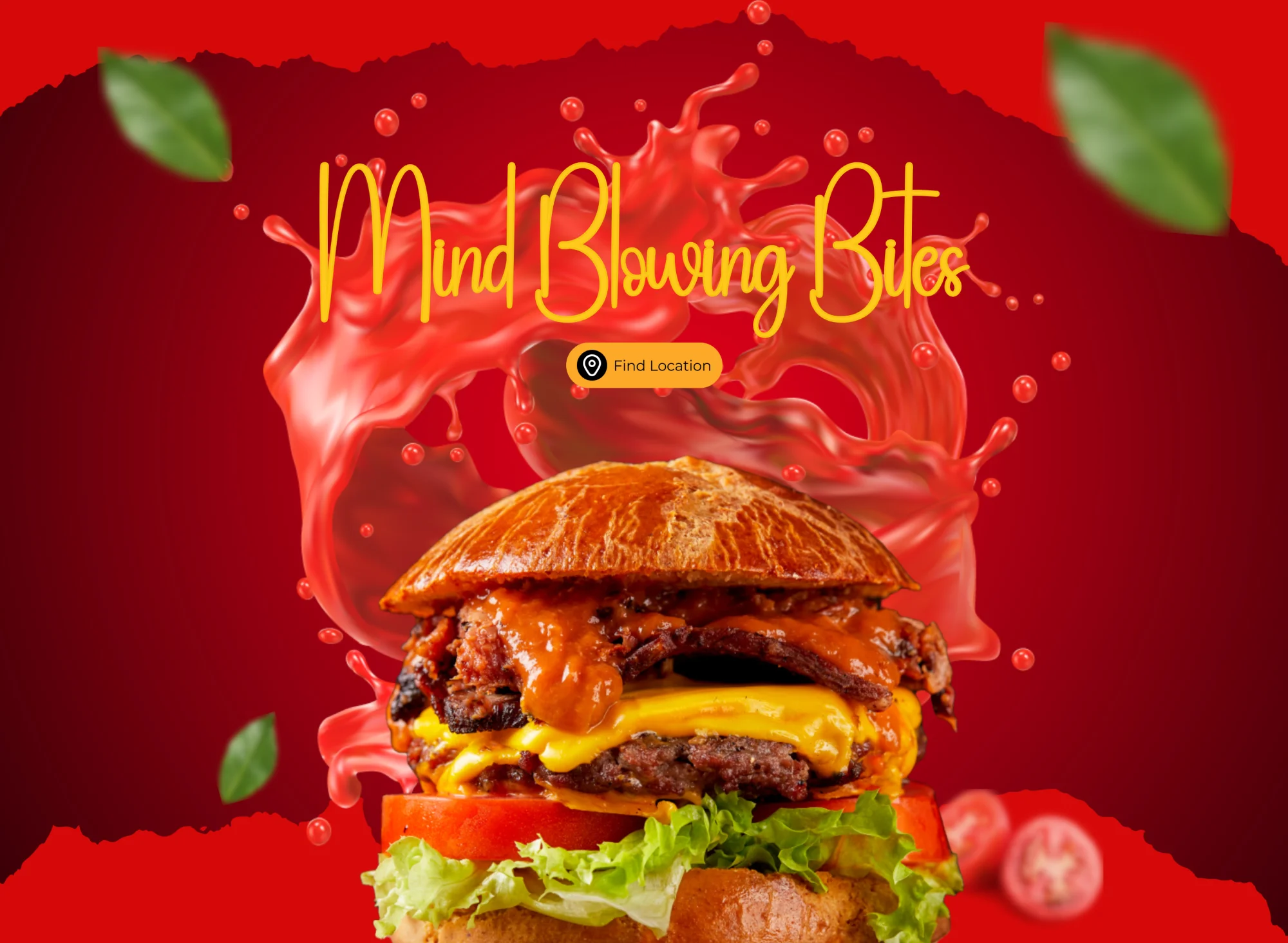 Burger landing page: “Mind Blowing Bites” over a burger with sauce splash on red.