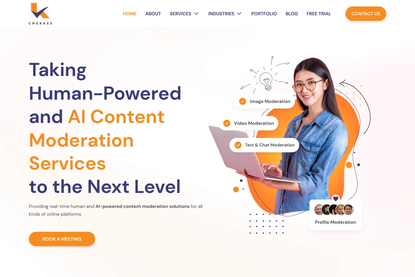 CHEKKEE homepage: “Taking human-powered and AI content moderation services to the next level”, with an illustration of a moderator and service tags.