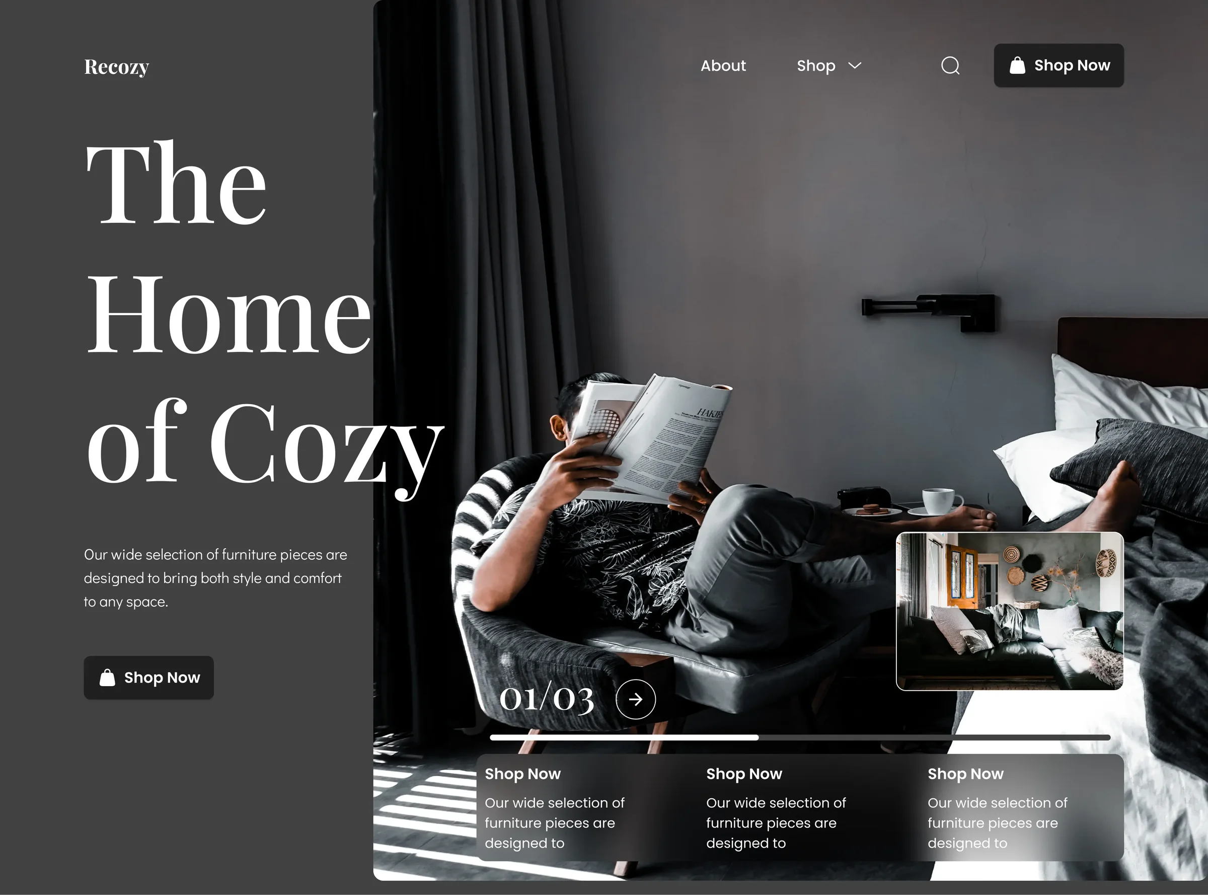 Recozy furniture homepage: “The Home of Cozy” in a serif headline beside an interior photo.
