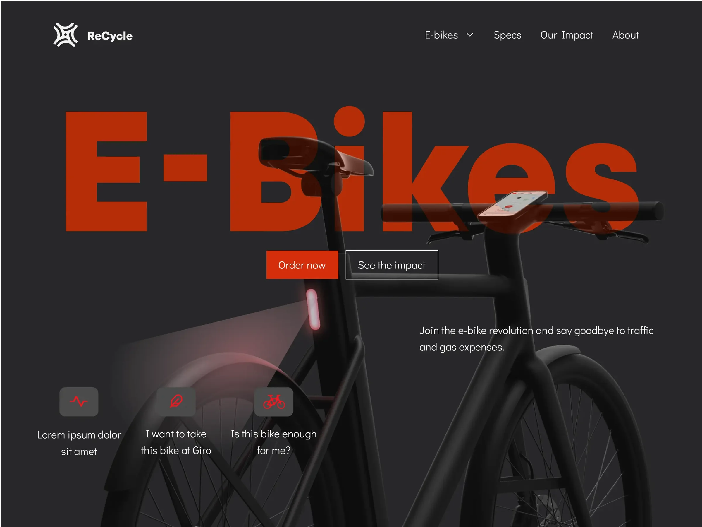 E-Bikes landing page with oversized red type behind a black e-bike.