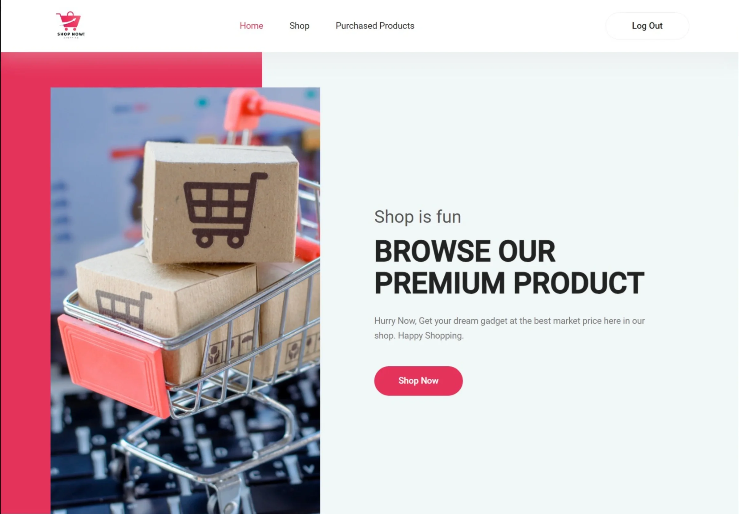 E-commerce homepage: “Browse our premium product” beside a shopping cart photo.