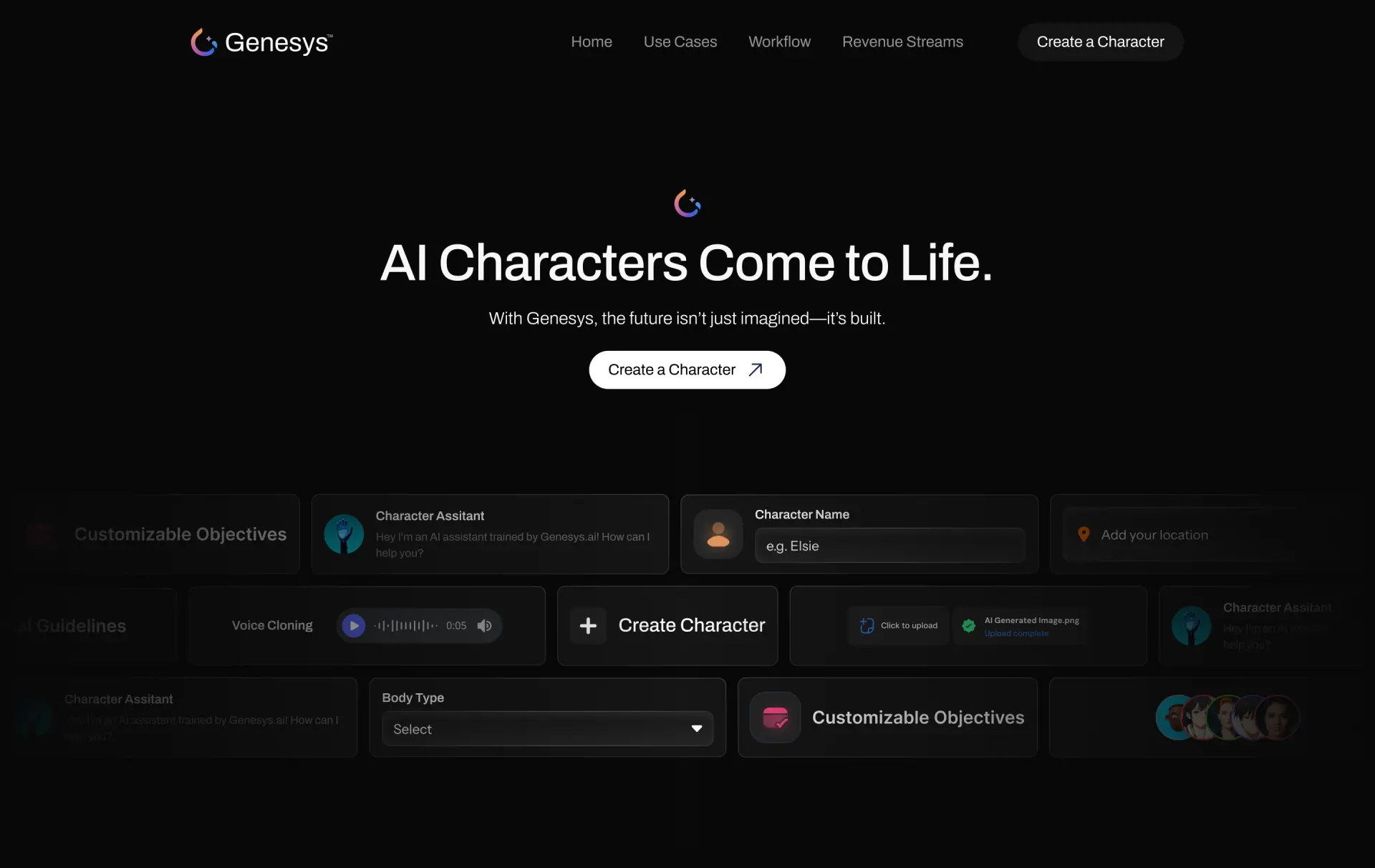 Genesys landing page on a dark background: “AI Characters Come to Life” with a create-a-character interface.