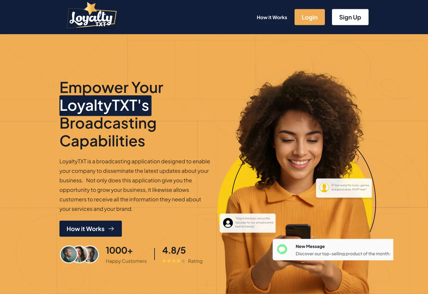 LoyaltyTXT landing page: “Empower your LoyaltyTXT’s broadcasting capabilities” on a warm orange background.
