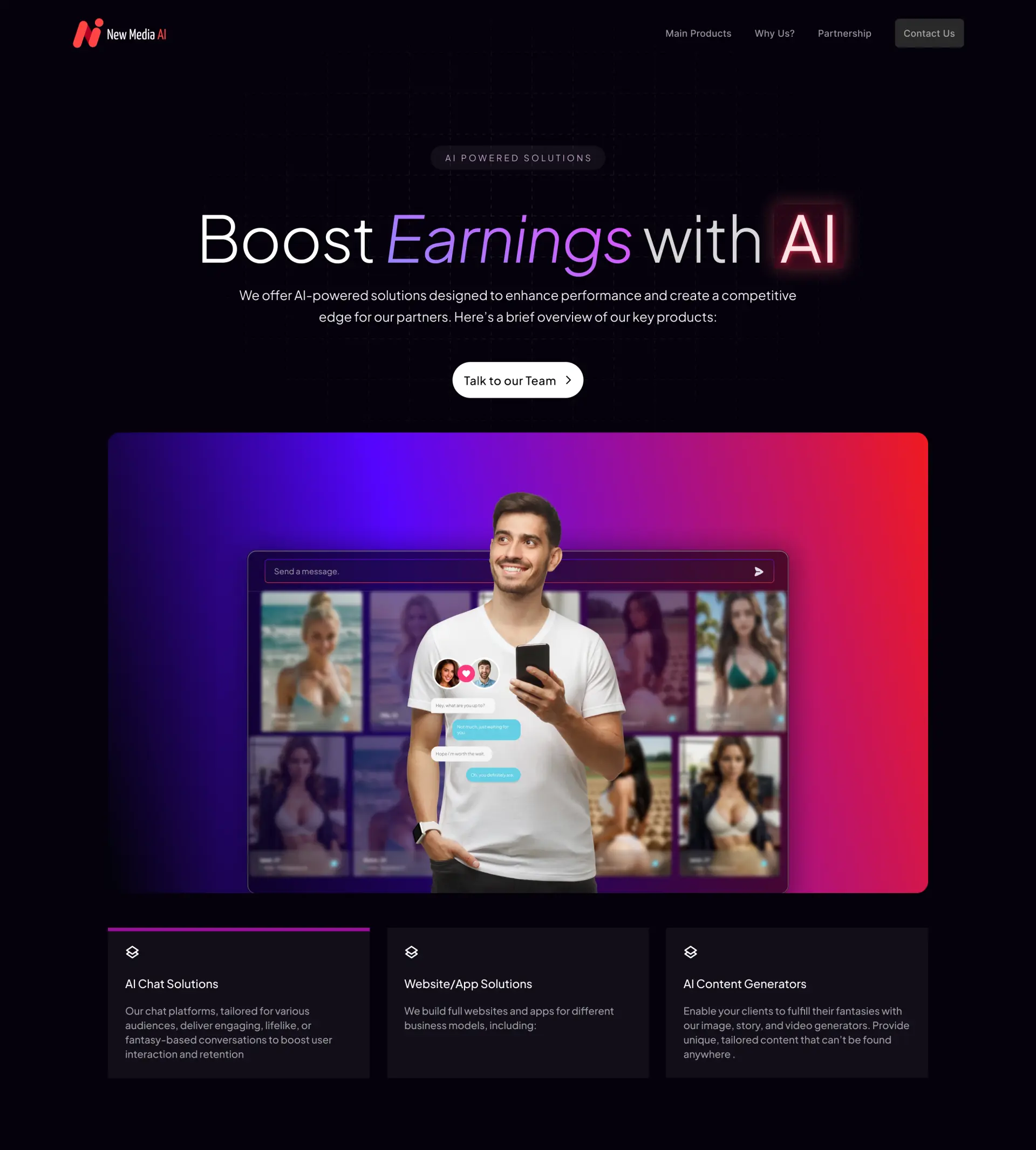 New Media AI homepage: “Boost Earnings with AI” over a purple gradient with a product preview.