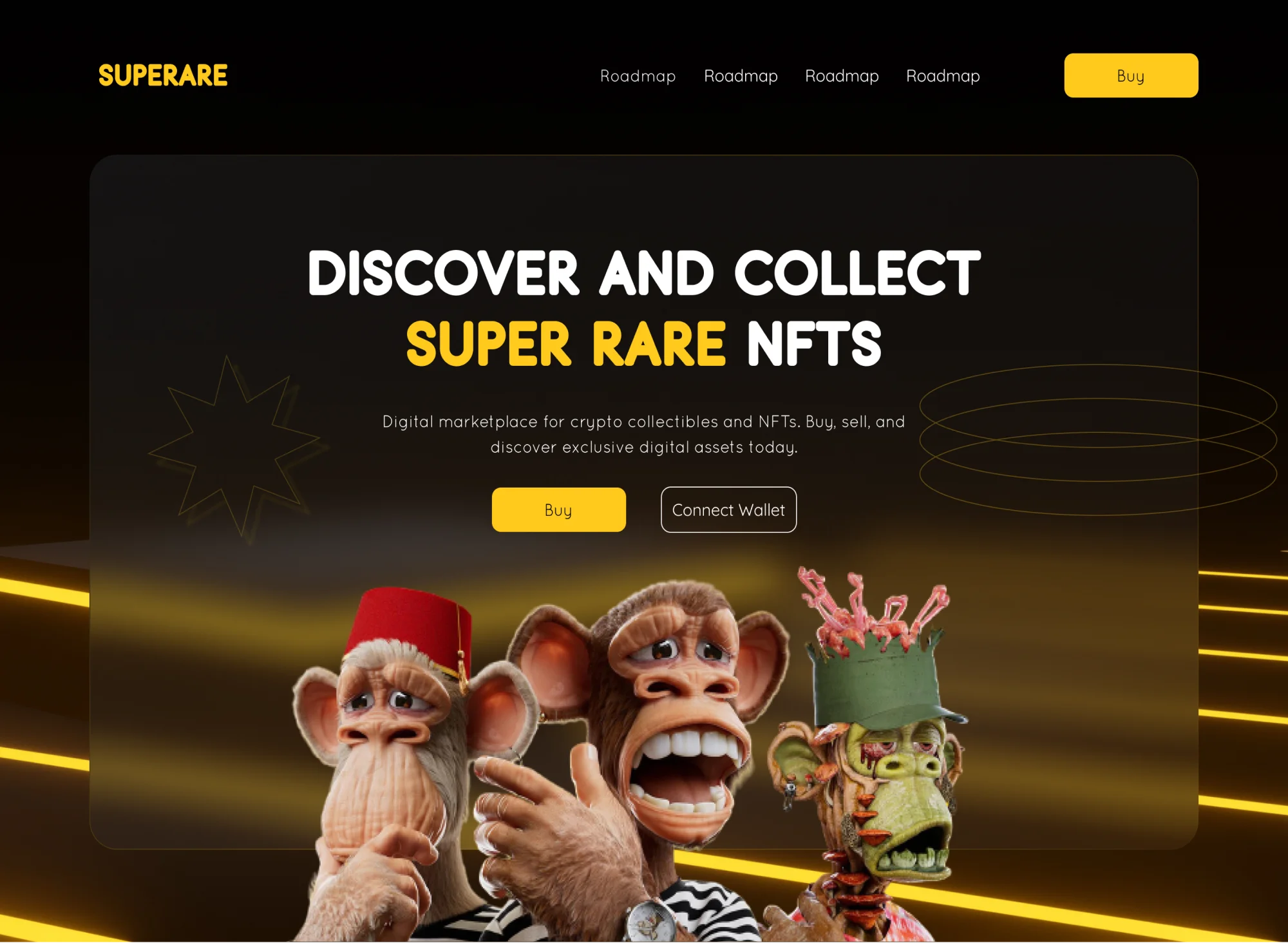 Superare NFT landing page: “Discover and collect super rare NFTs” with 3D ape characters.