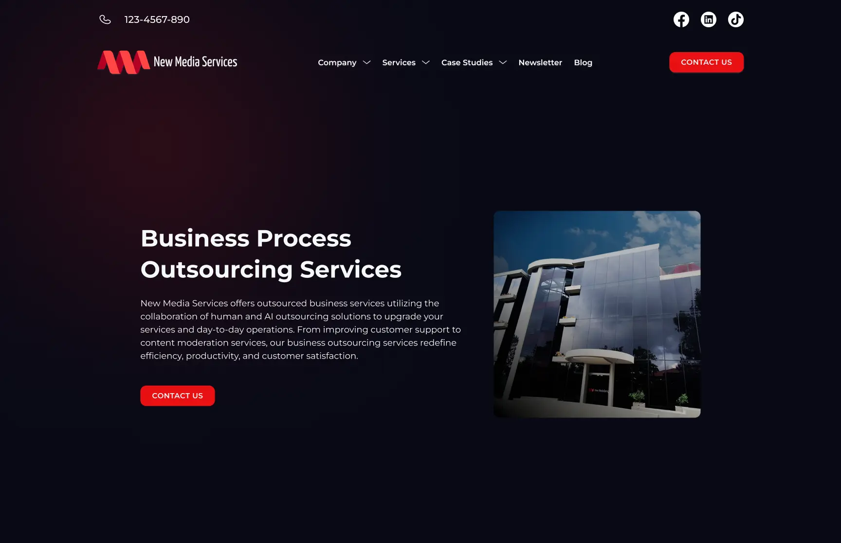 Earlier New Media Services homepage: dark background, small headline “Business Process Outsourcing Services” and a building photo.