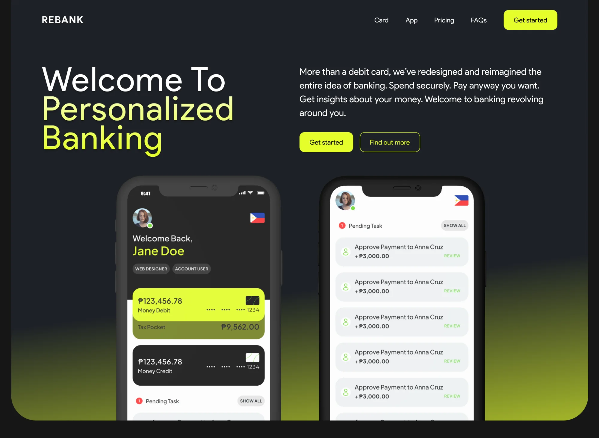 Rebank landing page: “Welcome to Personalized Banking” with two phone mockups on a dark background with lime accents.