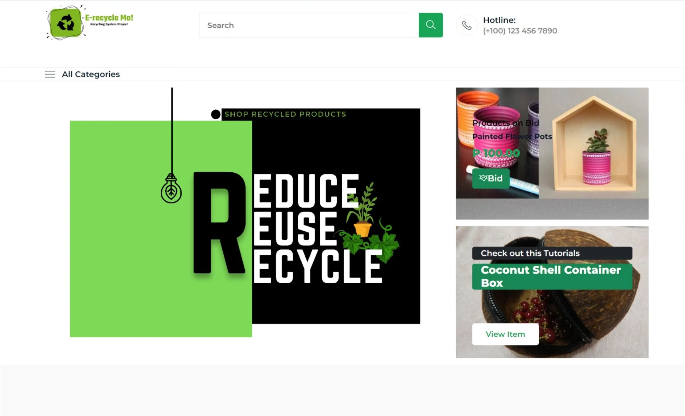Recycling store homepage: “Reduce, Reuse, Recycle” with product tiles.