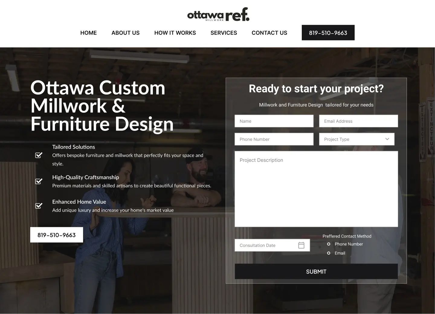 REF Ottawa Millwork homepage with a workshop photo, three selling points and a project enquiry form in the hero.