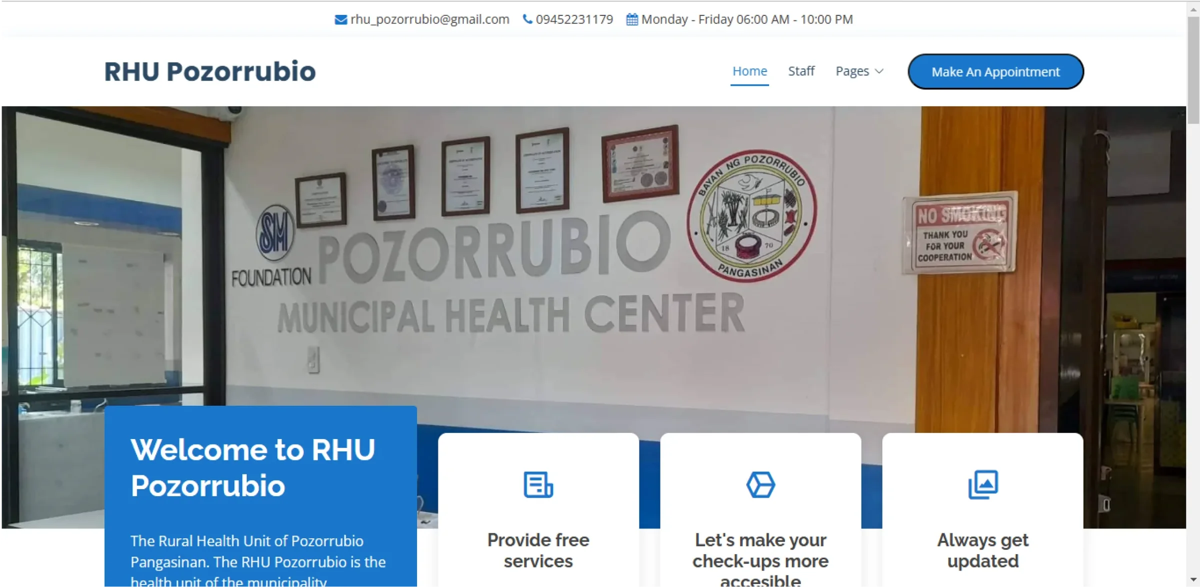 RHU Pozorrubio homepage with the health centre building and quick links for services and appointments.