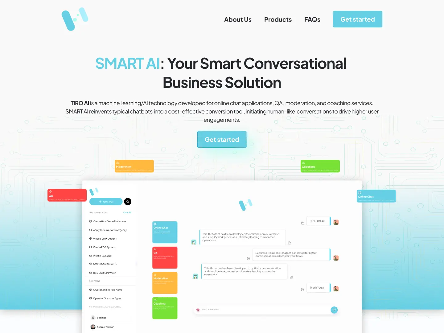 Smart AI light landing page with a chat interface preview.