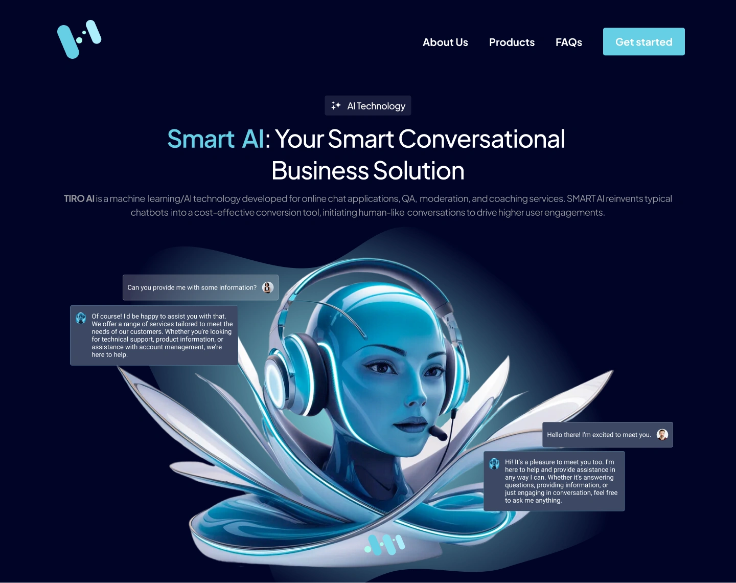 Smart AI dark landing page with a futuristic AI character illustration.